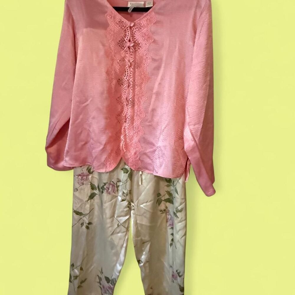 Vtg 80s 90s Victorias Secret Gold Tag Satin Pajama Set Medium Pink Floral